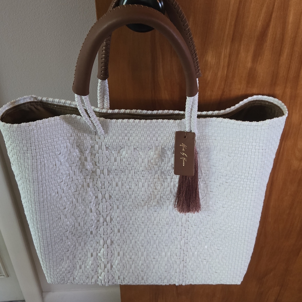 Carolina Herrera Ivory Woven Tote with Chocolate Handles